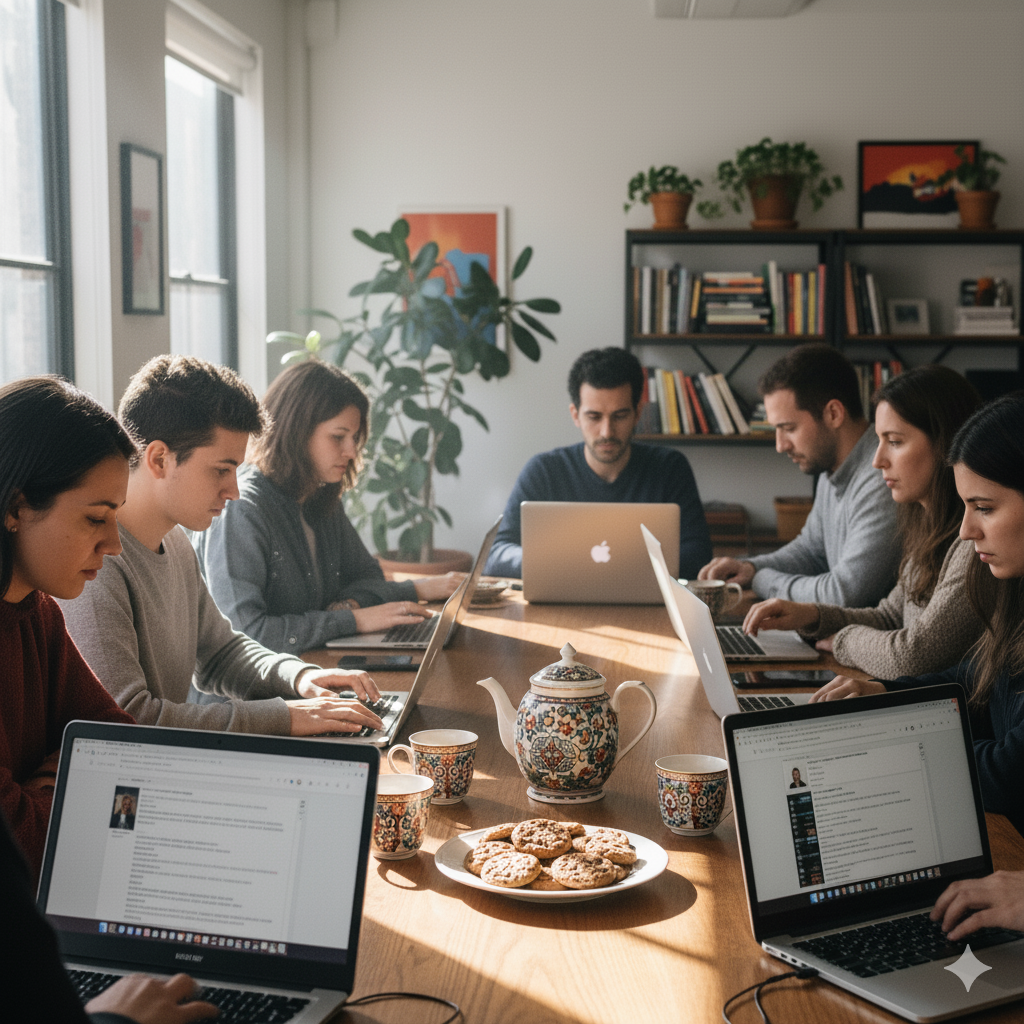 Das Foto wurde von KI generiert. Es zeigt eine Gruppe von Frauen und Männern, die an einem Tisch vor ihren Laptops sitzen und arbeiten. Die gemütliche Co-Working Atmosphäre stellt einen Wikipedia Editathon das
