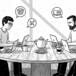 Das Bild eines Wikipedia-Editathons wurde mit KI generiert. Es ist eine Zeichnung von Männern und Frauen, die an einem Tisch an ihren Laptops arbeiten,