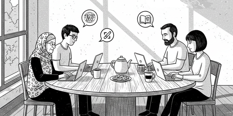 Das Bild eines Wikipedia-Editathons wurde mit KI generiert. Es ist eine Zeichnung von Männern und Frauen, die an einem Tisch an ihren Laptops arbeiten,